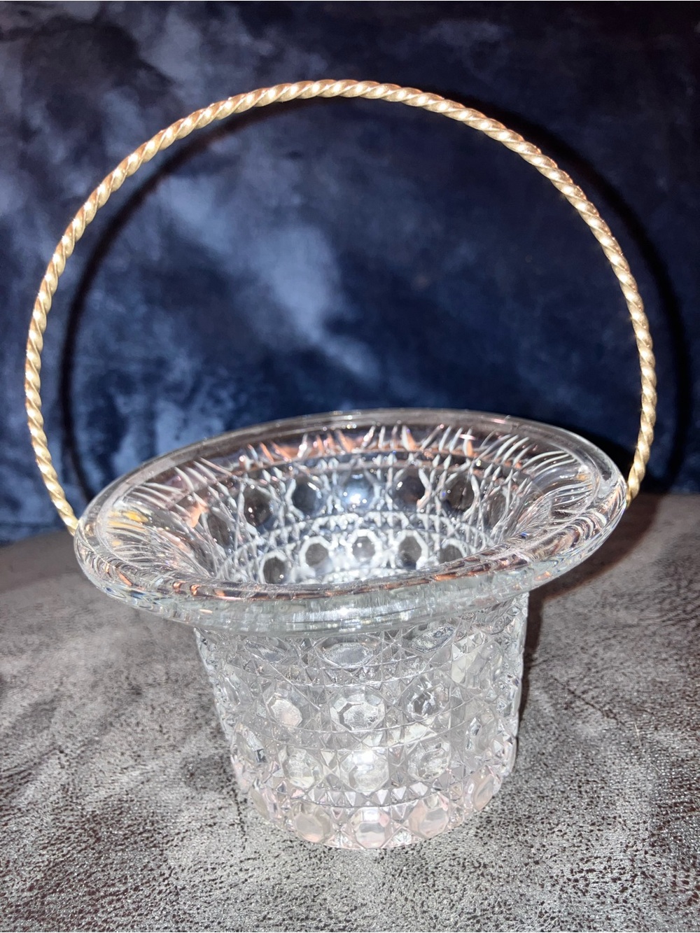 Clear Glass Basket with Gold-Tone Twisted Handle